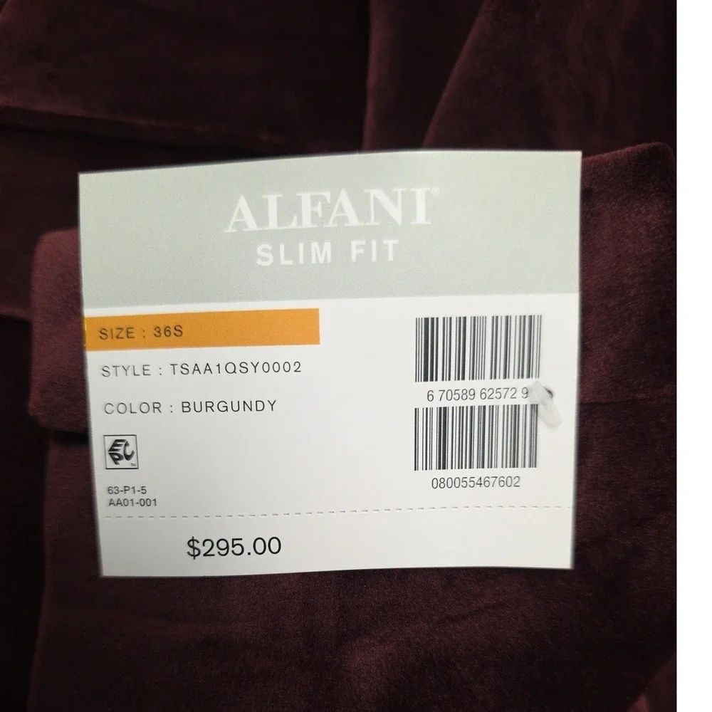 Alfani Sport Coat Mens 36S Burgundy Velvet Slim Fit Two Button Blazer Jacket NWT